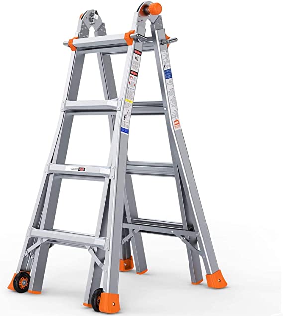 TACKLIFE Multi-Use Ladder Extension Ladder 17 Feet Aluminum Telescoping Ladder Aircraft-Graded Aluminum with 2 Flexible Wheels, 300lb Capacity, Safe Protective Switch, Non-Slip Rubber Feet