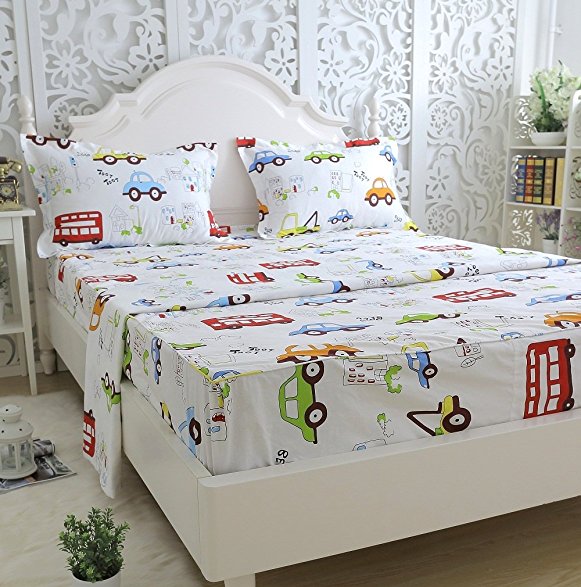 Brandream Kids Boys Cars Vehicles Bed Sheet Set Cotton Sheets Set 4pcs Queen Size