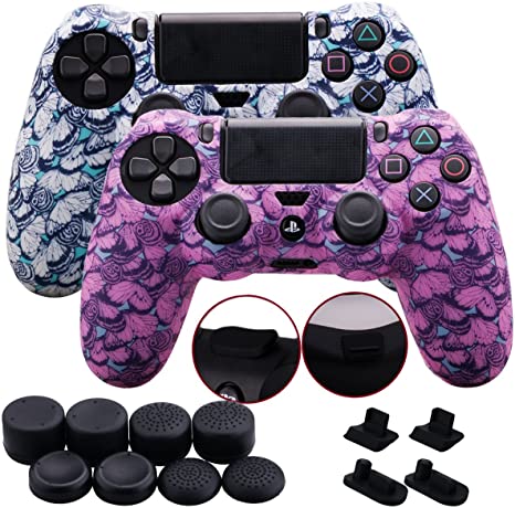 9CDeer 2 Pieces of Silicone Water Transfer Protective Sleeve Case Cover Skin   8 Thumb Grips Analog Caps   2 Sets of dust Proof Plug for PS4/Slim/Pro Controller, Butterfly White & Pink