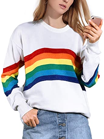 LUXUR Women's Long Sleeve Crew Neck Winter Casual Rainbow Pullover Colorful Striped Sweater