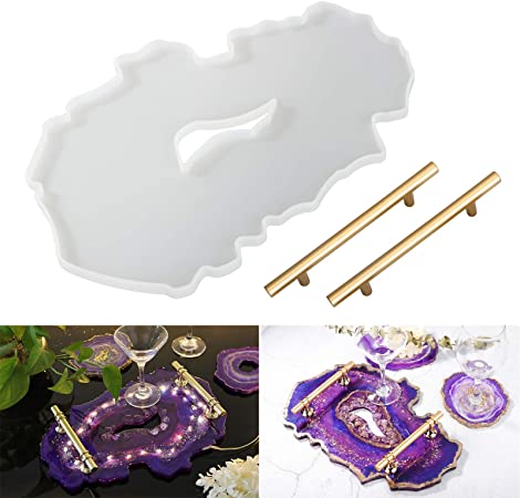 LET'S RESIN Hollow Resin Tray Molds, Silicone Geode Agate Tray Mold including 1pcs Geode Platter Silicone Mold & 2pcs Metal Handles,Epoxy Resin Casting Molds for Making Faux Agate Tray, Serving Board