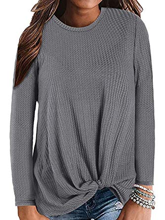 Womens Long Sleeve Tops Casual Waffle Knit Twist Knot Blouses Tops for Women