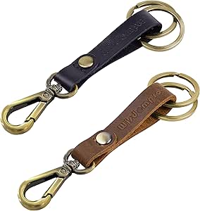 2 Pack Genuine Leather Keychain, Wisdompro Heavy Duty Key Chain with Retro Vintage Bronze Belt Loop Clip and 2 Keyrings for Keys - Black and Brown