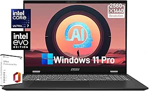 MSI Prestige 16 AI Evo Laptop - with 2021 Office Lifetime License, 16" QHD  Display, Intel Ultra 7-155H ARC Graphics, 32 GB DDR5, 1 TB SSD, Wi-Fi 7, Ultra-Slim, Backlit KB, Win 11 Pro