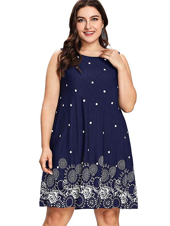 Romwe Women's Plus Size Summer Sundress Floral Printed Sleeveless Casual A Line Dress