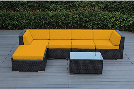 Ohana 6-Piece Outdoor Patio Furniture Sectional Conversation Set, Black Wicker with Sunbrella Yellow Cushions - No Assembly with Free Patio Cover