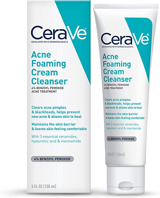 CeraVe Acne Foaming Cream Cleanser | Acne Treatment Face Wash with 4% Benzoyl Peroxide, Hyaluronic Acid, and Niacinamide | Cream to Foam Formula | Fragrance Free & Non Comedogenic | 5 Oz