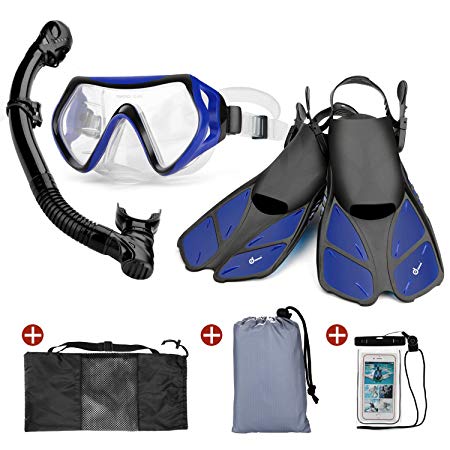 Odoland Snorkel Set 6-in-1 Snorkeling Packages, Diving Mask with Splash Guard Snorkel and Adjustable Swim Fins and Lightweight Mesh Bag and Waterproof Case and Beach Blanket