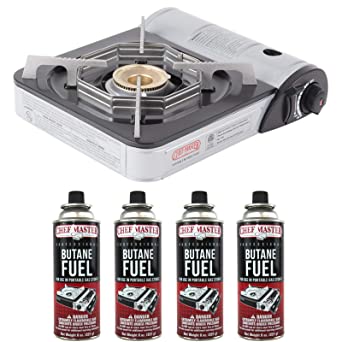 Chef-Master 90011 Portable Butane Stove | 10,000 BTU Outlet | Carrying Case Included | Stove   4 Fuel Canisters