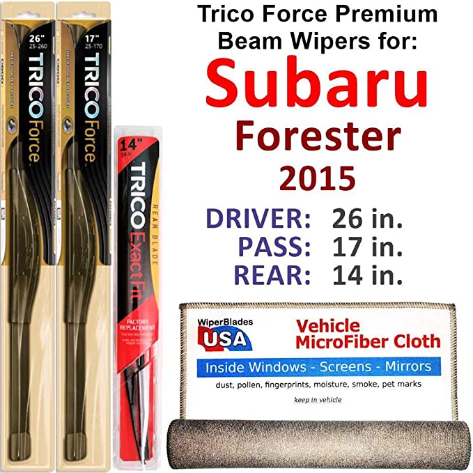 Premium Beam Wiper Blades for 2015 Subaru Forester Driver/Passenger/Rear Trico Force Beam Blades Wipers Set Bundled with MicroFiber Interior Car Cloth