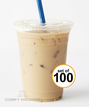 COMFY PACKAGE 100 Sets 16 oz. Plastic CRYSTAL CLEAR Cups with Flat Lids for Cold Drinks, Iced Coffee, Bubble Boba, Tea, Smoothie etc.