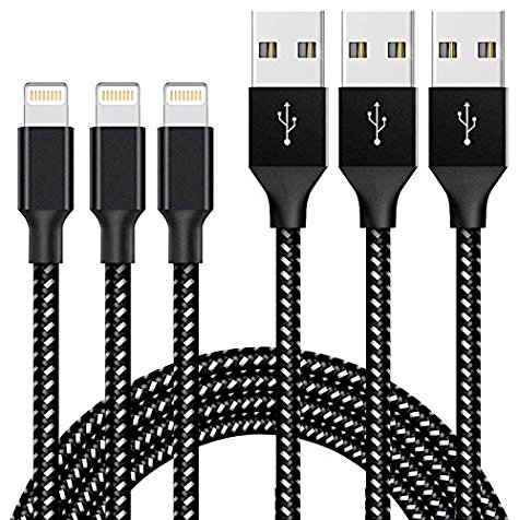 XUZOU rgy-dfgdfhhhh iPhone Lightning Cable 10' To USB Syncing And Charging Cable Data Nylon Braided Cord Charger For iPhone 7/7 Plus/6/6 Plus/6s/6s Plus/5/5s/5c/SE And More - Black/White - 3 Piece