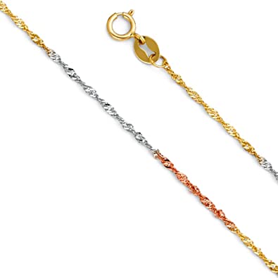 14k REAL Yellow OR White OR Rose/Pink OR Tri Color Gold Solid 1.2mm Singapore Chain Necklace with Spring Ring Clasp