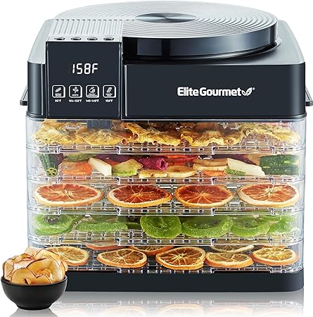 Elite Gourmet EFD422 Digital Food Dehydrator with 5 BPA Free Trays, Top Mounted Fan & Heater, Adjustable Timer and Temperature Controls, Jerky, Herbs, Fruit, Veggies, Snacks, Black