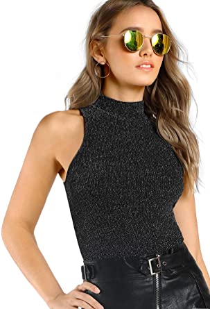 SheIn Women's Mock Neck Glitter Ribbed Knit Sleeveless Cami Tank Top Shirt
