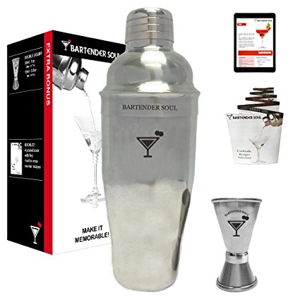 Professional Cocktail Shaker Set - 25oz - 0.8mm Thickness, 18/8 304 No Rust Grade Stainless Steel, Double Jigger, Recipes Booklet & eBook Included