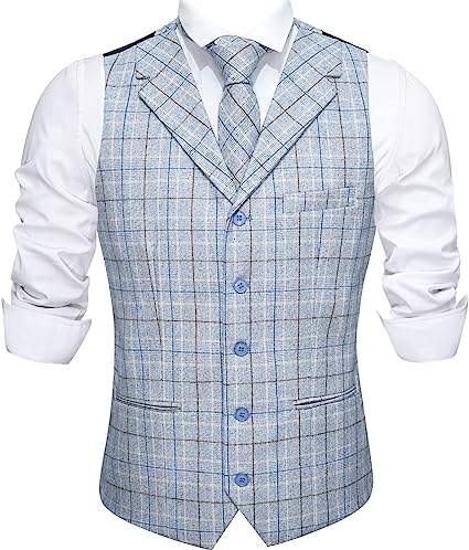 Barry.Wang Mens Plaid Waistcoat Wool Blend Tailored Collar/V-neck 3 Pocket Check Vest Formal/Leisure