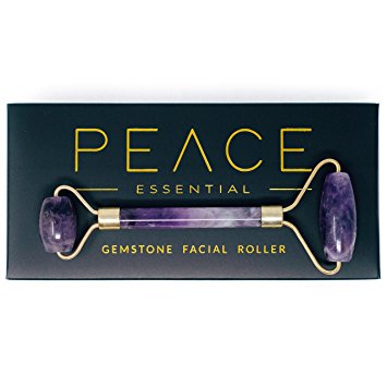 Luxury Amethyst Facial Roller by Peace Essential | 100% Natural & Authentic Gemstones | Detoxify + Glow | Anti-Aging Slimming Massage Tool | Smooth Face & Neck | Velvet Storage Bag (Amethyst)