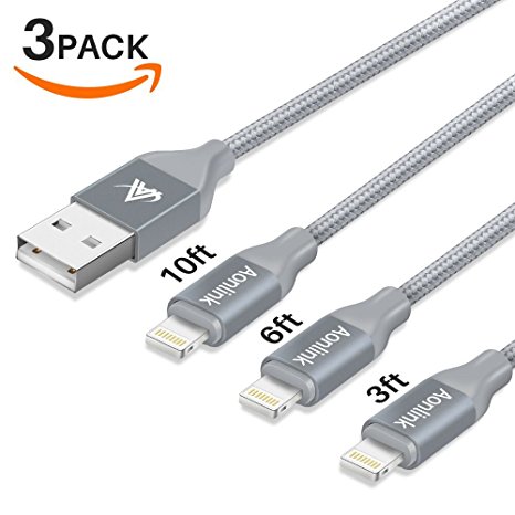iPhone Charger, Aonlink iPhone Charger Cable Cord Lightning to USB Nylon Braided with Aluminum Connector 3Pack 3FT 6FT 10FT for iPhone 7/7 Plus/6s/6s Plus/6/6Plus/5s/5c/5, iPad/iPod Models-Gray