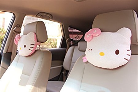 Hzsmile 1 Pair -- Cute Lovely Cartoon Auto Car Plush Headrest Shoulder Neck Pillow Seat Cushion (Dot White Hello Kitty)