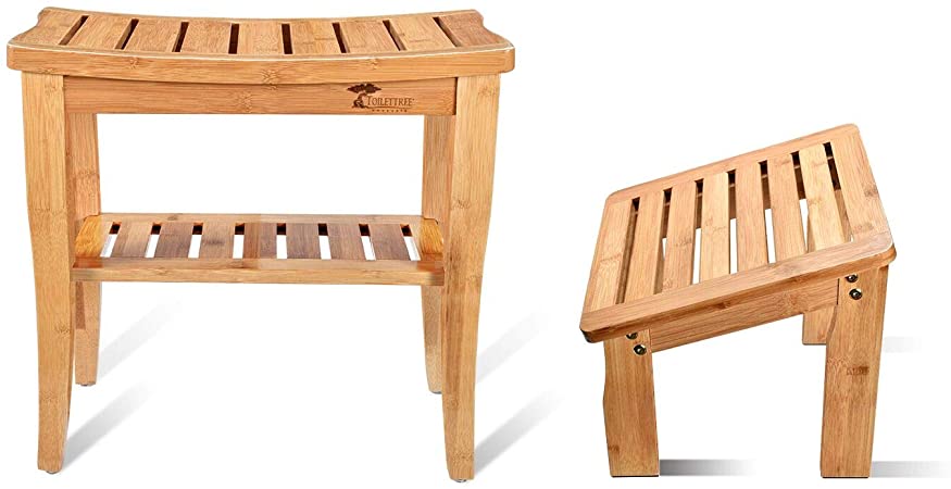 ToiletTree Products Deluxe Wooden Bamboo Shower Seat Bench with Underneath Storage Shelf (Bamboo Seat with Foot Stool)