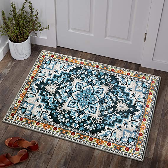 Lahome Collection Traditional Area Rug - Non-Slip Distressed Vintage Persian Oriental Washable Area Rug Small Throw Low Pile Rugs Floor Carpet for Door Mat Entryway Bedrooms Decor (2’ X 3’, Blue)