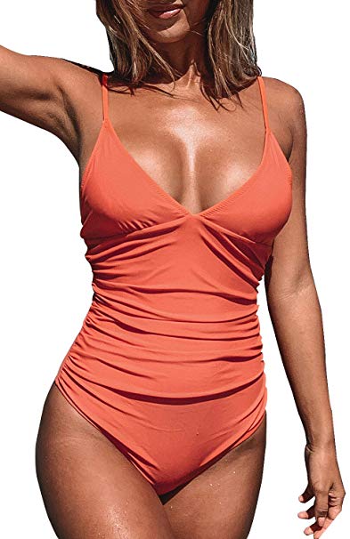 CUPSHE Women's Shirring Design V-Neck Low Back One Piece Swimsuit