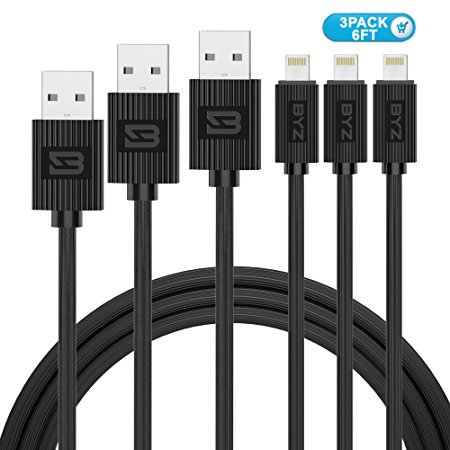 BYZ Charging Cable 6FT iPhone Charger Lightening Cable - 3 pack iPhone Cable USB Sync & Charging Cord for iPhone 7 Plus 7 6S Plus 6 Plus SE 5S 5C 5, iPad 234 Mini, iPad Pro Air, iPod - Black