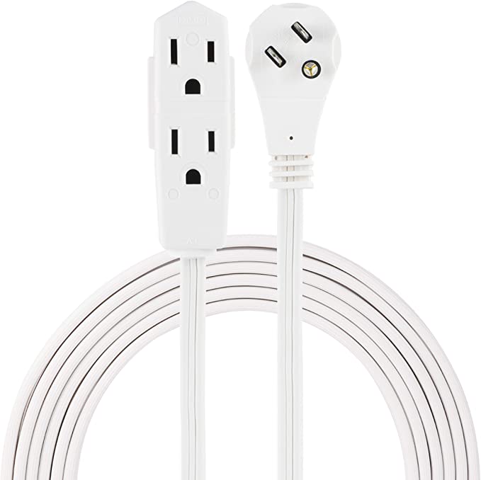 GE Indoor Office Extension Cord, Extra Long 8ft Power Cable, 3 Grounded Outlets, 3 Prong, Low-Profile Right Angle Flat Plug, 16 Gauge, UL Listed, White, 50251