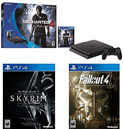 PlayStation 4 Slim 500GB Console - Uncharted 4 Bundle   Skyrim Special Edition   Fallout 4