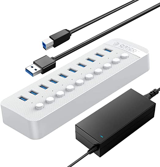 ORICO Powered USB Hub, 10 Ports 48W USB 3.0 Data Hub with Individual On/Off Switches and 12V/4A Power Adapter for Desktop Computer, PC, iMac, Mobile HDD, Flash Drive, Phone, iPad Charging