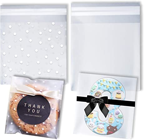 XGiGiX Self Adhesive Cookie/Candy/Treat Bag Set- 200 Pcs. Cellophane Frosted Bags with White Polka Dot (4” x 4”,100 Pcs). Clear Resealable Large Frosted Cello Bags for Bakery (4.7”x 4.7”,100 Pcs). (White Polka Dot   Frosted)