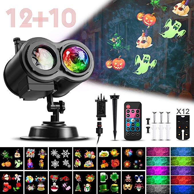 Water Wave Halloween Christmas Projector Lights,CAMTOA LED Double Projector Lamp 2-in-1 Moving Patterns with Remote Control&12 Slides&10Colors, Waterproof Garden Effect Projector for Night Light Decor