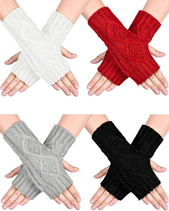 4 Pairs Women Winter Warm Knit Fingerless Gloves Thumbhole Arm Warmers Mittens