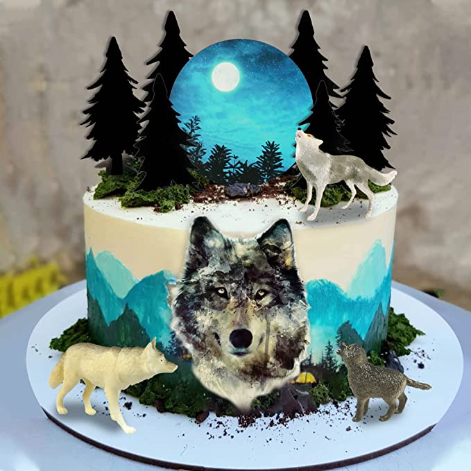 13 PCS Wolf Cake Topper Full Moon Cake Decor with Animal Figurine for Baby Shower Wolf Themed Wedding Birthday Party Supplies (Gray)