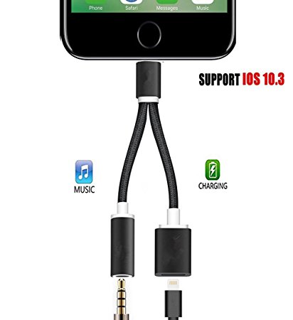 iPhone 7/7 Plus Adapter Accessories , Lightning to 3.5mm Audio Adapter,2 in 1 Lightning AUX 3.5mm Headphone Jack Adapter Audio Splitter Audio Charger ，Support iOS 10.3 or Later( Weave-Black)