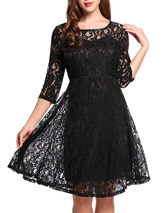 Beyove Women 3/4 Sleeve Crew Neck Floral Lace Cocktail Party Midi Pleated Dress