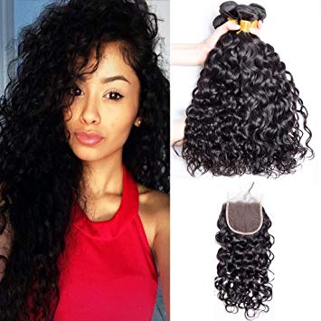 ALIMICE HAIR Water Wave 4 bundles with closure Brazilian 100% Human hair Weave bundles with 4x4 Closure Remy Hair extensions Can be dyed (18 20 22 24+16)