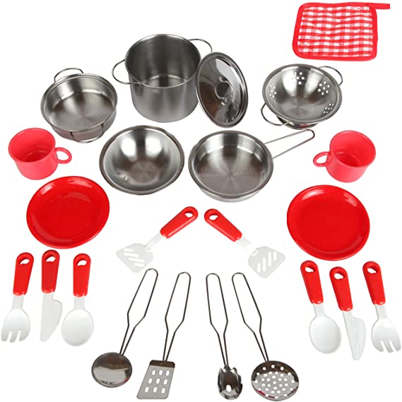 Mommy Please Play Kitchen Accessories for Pretend Food - Great Toys for Toddlers and Kids Include Stainless Steel Pots and Pans Set - Plus Bonus Dishes for Girls and Boys