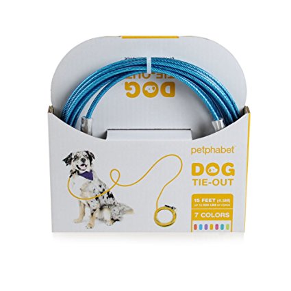 Petphabet Heavy Duty Tie Out Cable for Dogs up to 50 Pounds or 100 Pounds, Available in 15 or 20 Feet Long and in 7 Colors