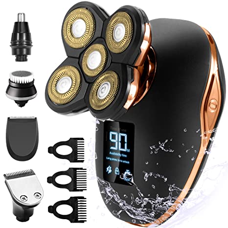 OriHea Head Shavers for Bald Men Wet Dry Electric Razor Bald Head Shaver Rotary Cordless Hair Clippers Nose Hair Trimmer Waterproof USB Rechargeable with 4D Floating 5 Razor Head (Gold)