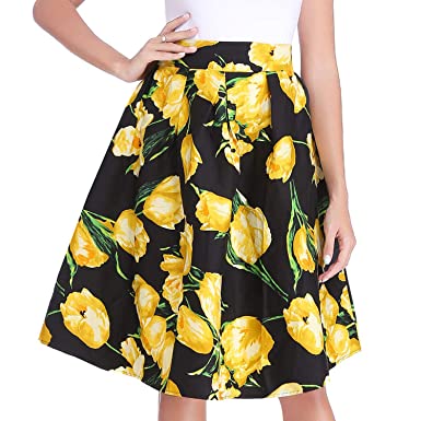 Luxspire Women's Retro High-Waisted Floral Print Pleated Skirts A-line Midi Skater Skirt