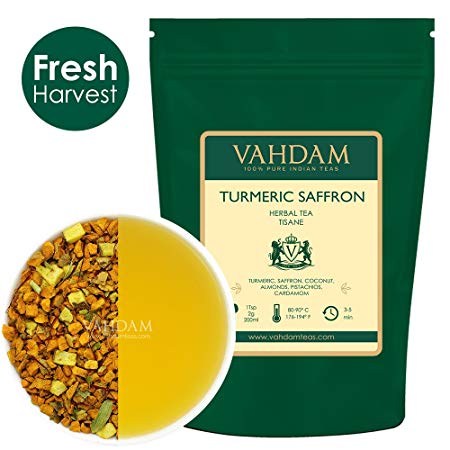 VAHDAM, Turmeric Saffron Herbal Tea Loose Leaf (50 Cups)| INDIA'S MAGIC HERB | Blend Of Turmeric Tea, Saffron Tea & Fresh Spices | 100% NATURAL TISANE Tea | Brew as Hot or Iced Tea |3.53oz