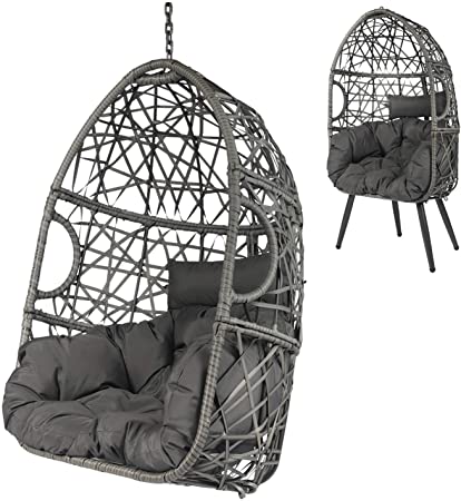 LAZZO Swing Egg Chair, Rattan Hanging Chair, Indoor & Outdoor Hammock Chair with Seat Cushion & Pillow for Patio Porch Lounge Bedroom (Stand not Included)