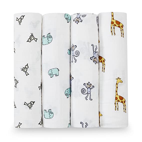 aden   anais Swaddle Blanket, Boutique Muslin Blankets for Girls & Boys, Baby Receiving Swaddles, Ideal Newborn & Infant Swaddling Set, Perfect Shower Gifts, 4 Pack, Jungle Jam