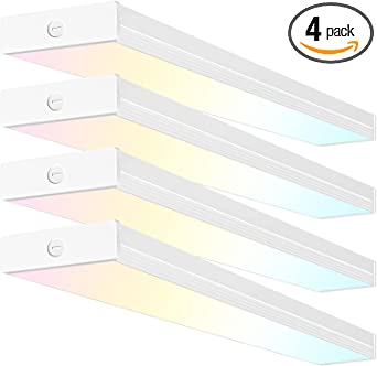 4 Pack 4FT LED Wraparound Light with 3 Wattages/3 Lumens/3 CCT Selectable, 55W/65W/75W, 5500lm/6500lm/7500lm, 3000K/4000K/5000K 4 Foot LED Wrap Light Fixture, Flush Mount Office Ceiling Light, ETL