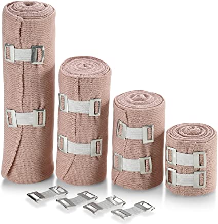 MEDca Elastic Compression Bandage Wrap - First Aid Bandages Roll Measures 2", 3", 4", 6" x 5 Ft with 4 Extra Hooks | Athletic Sports Stretch Wraps for Ankle, Wrist, Arm & Leg Sprains (Pack of 4)