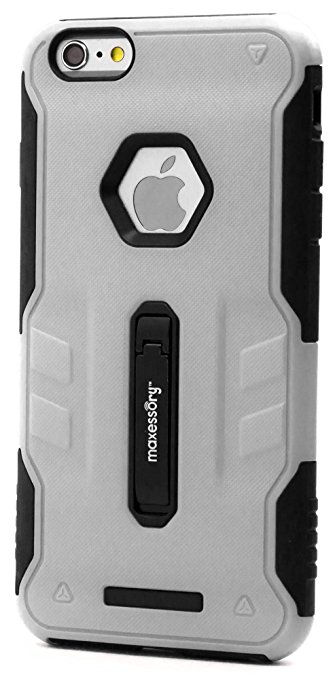 Maxessory [Storm] Dual-Layer Rugged Hybrid Armor Rigid Ultra-Slim Kickstand Protector Hard Back Grip Fit Tough Rubber Cover Shell Silver Black For Apple iPhone 6s Plus (5.5 Inch) Case