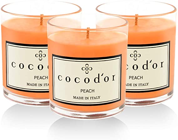 Cocod'or Premium Jar Scented Candles 3 Pack, Peach, 30-40 Hour Extended Burn Time, Made in Italy