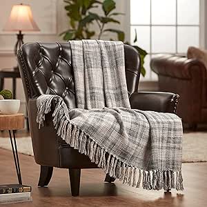 Chanasya Premium Farmhouse Pattern Plaid Throw Blanket Lightweight Knit Textured Woven Decorative Blanket for Sofa Couch Bed Living Room Blanket with Tassels Fringed Throw (50x65 Inches) Gray Blue